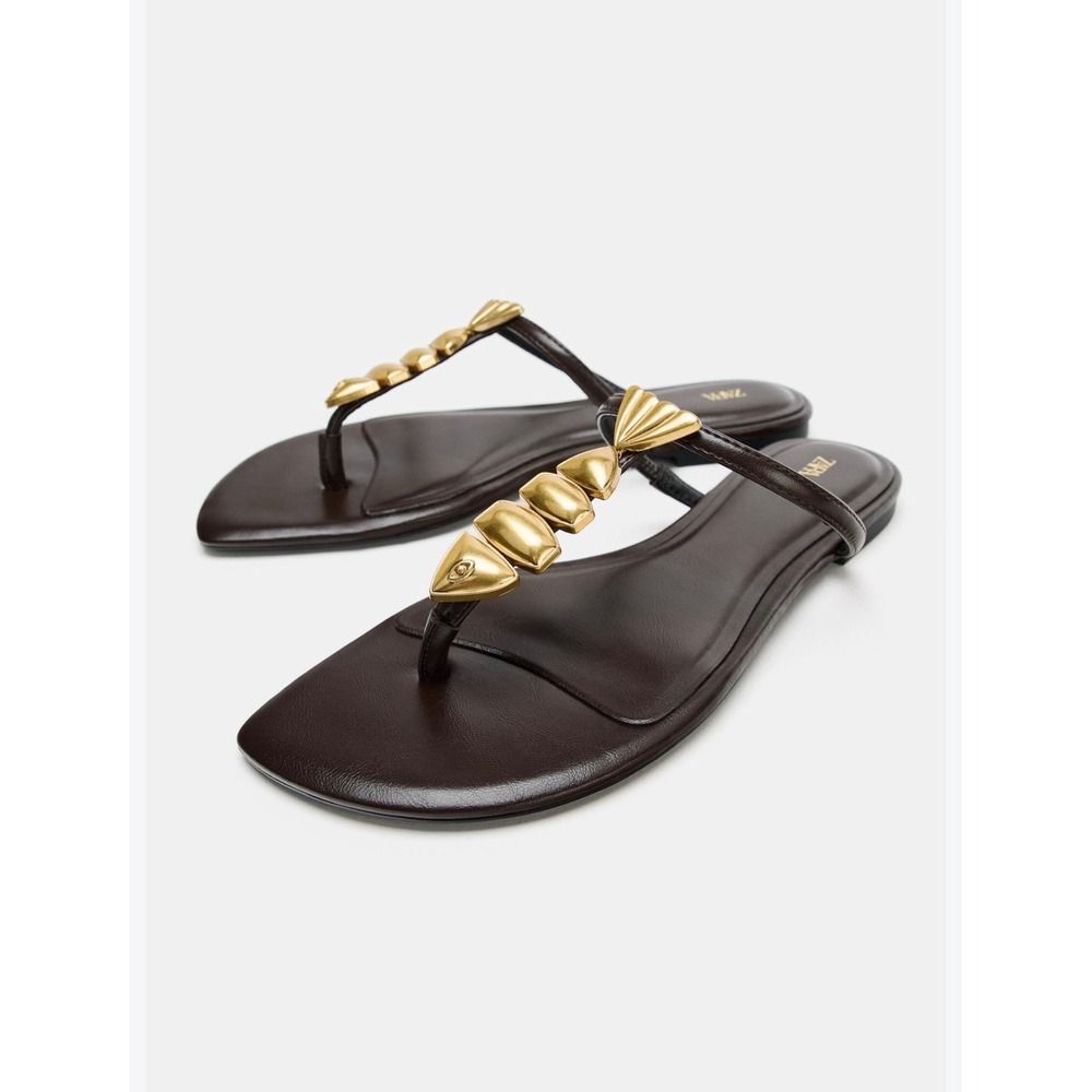 Zara Dark Brown Gold Fish Bone Sculptural T-Strap Flat Sandals Square Toe 36